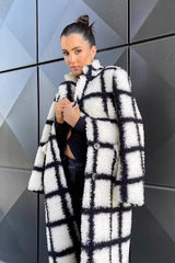 Black White Plaid Plush Lapel Overcoat