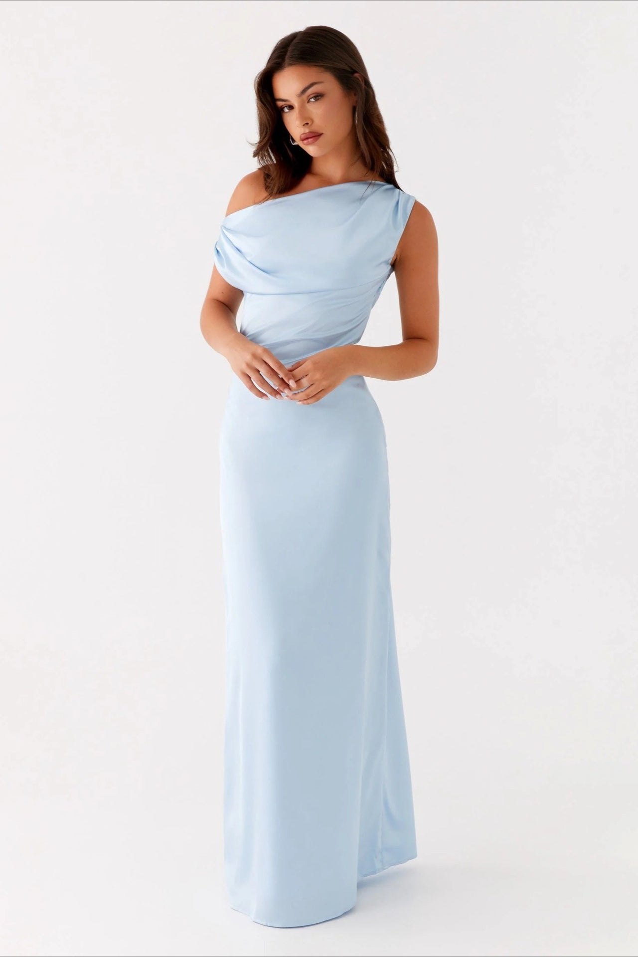 Solid Asymmetric Neckline Formal Dress S / Blue Main image