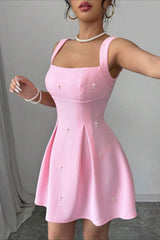 Shirred Waist Spaghetti Strap A-Line Dress
