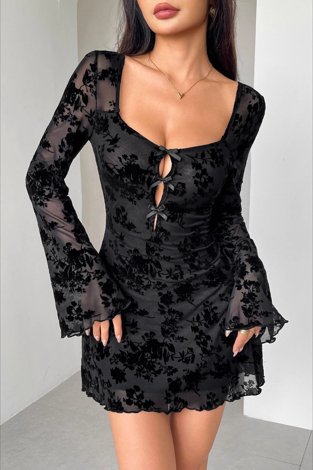 Flocked Floral Cutout Bow Long Sleeve Floral Dress Secondary image