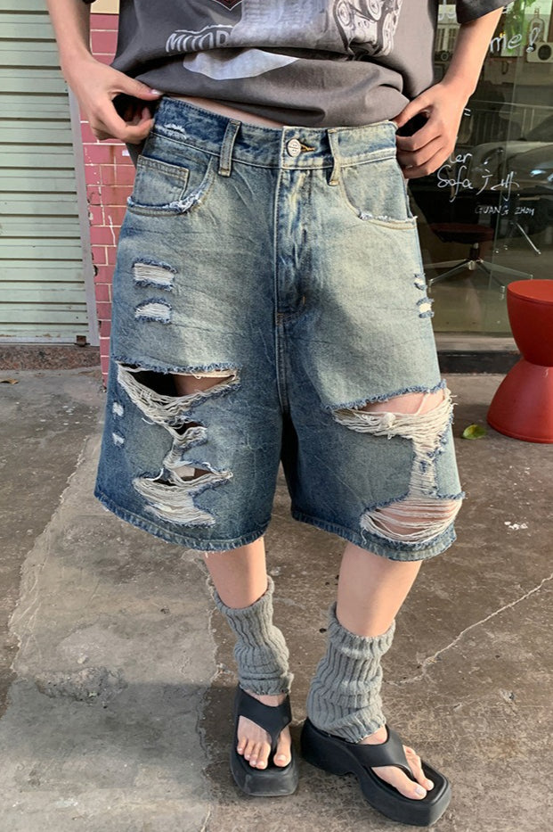 Distressed Frayed Hem Mid Length Denim Shorts Main image