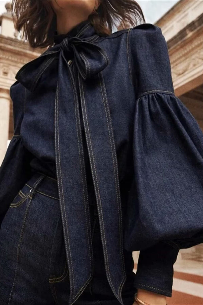 Bow Neck Balloon Sleeve Denim Blouse Main image