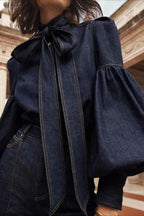 Bow Neck Balloon Sleeve Denim Blouse