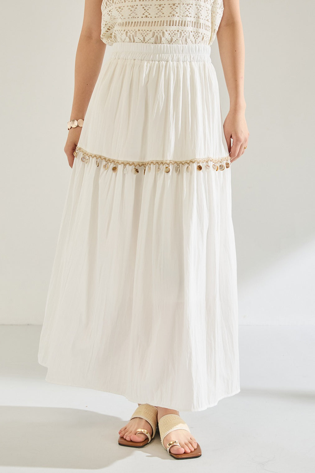 Minimal Shell Detail Fringe Patchwork Boho Skirt Secondary image