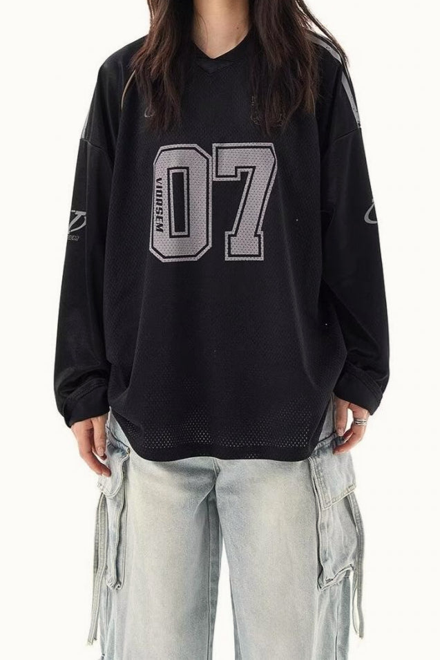 V Neck Graphic Print Oversized Raglan Long Sleeve Tee