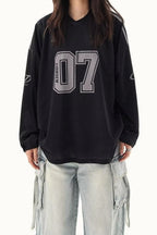 V Neck Graphic Print Oversized Raglan Long Sleeve Tee