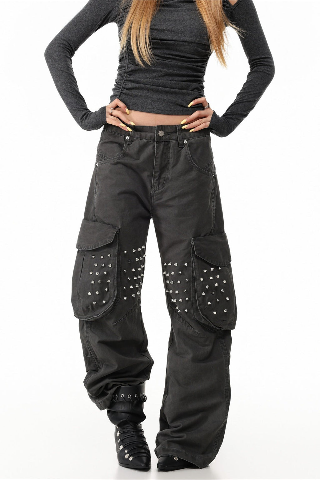 Studded Pocket Wide Leg Cargo Pants