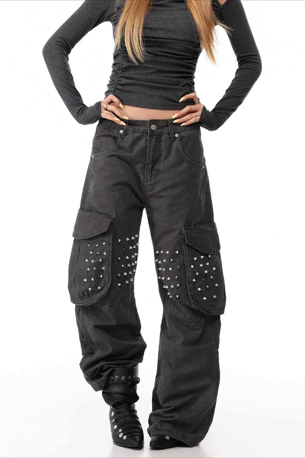Studded Pocket Wide Leg Cargo Pants
