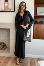 V Neck Tie Front Satin Top Maxi Skirt Set