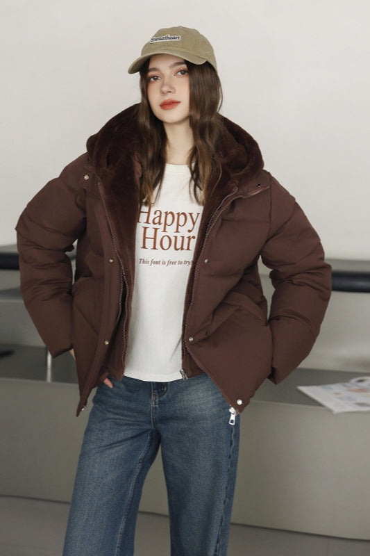 Faux Fur Panel Cropped Puffer Jacket M / Brown Main image
