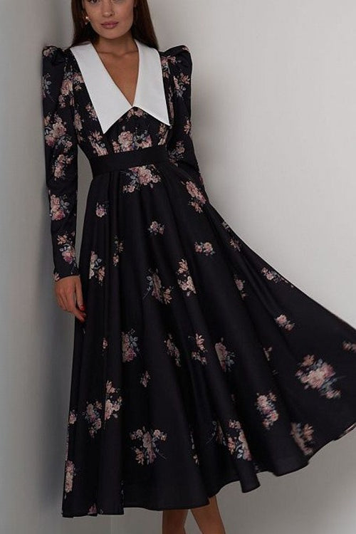 Flared Vintage Print Slim Waist Floral Maxi Dress Secondary image