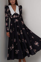 Flared Vintage Print Slim Waist Floral Maxi Dress