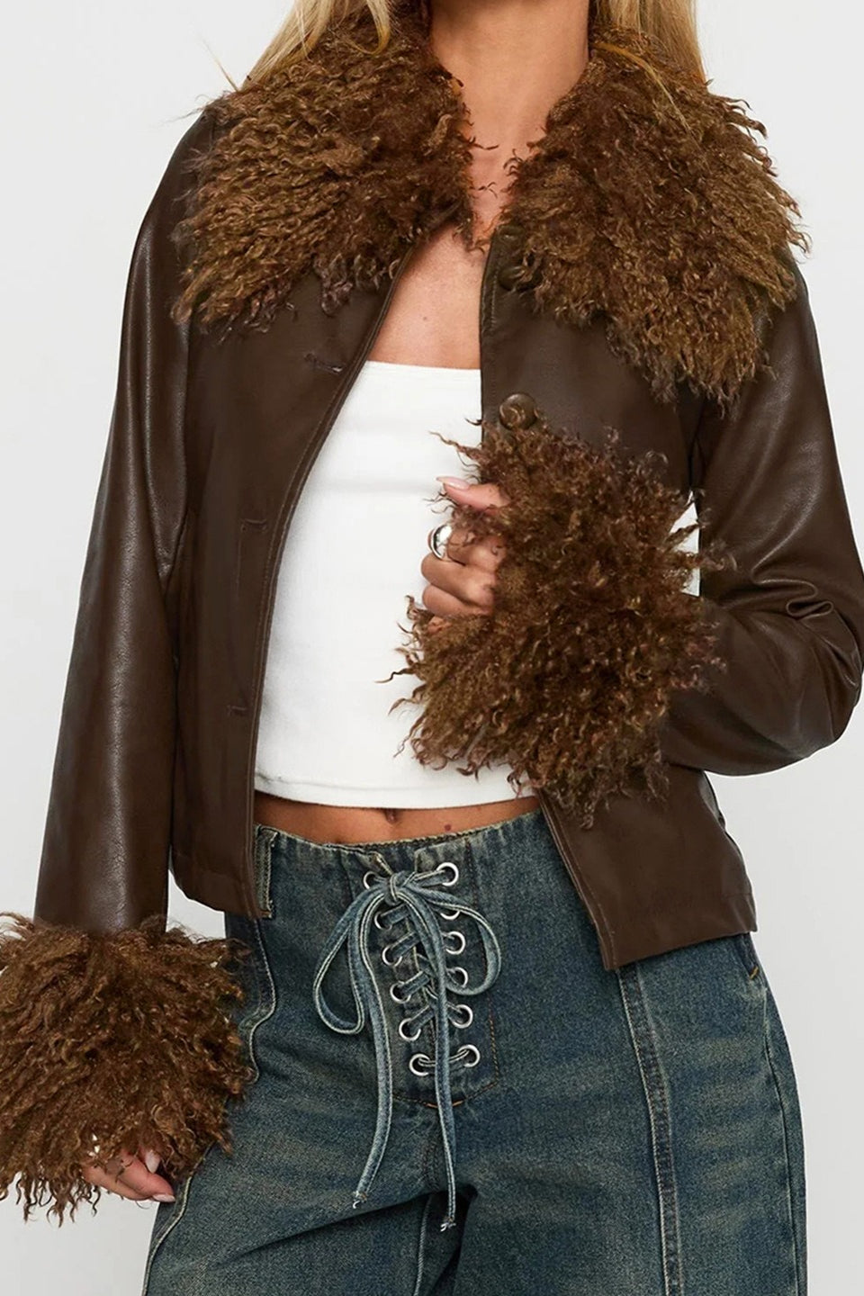 Fur Collar Leather Spliced Jacket Secondary image