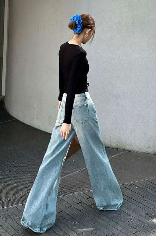Washed Wide Leg Distressed Jeans