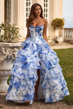 Strapless Floral Print Ruched Elegant Slim Prom Dress