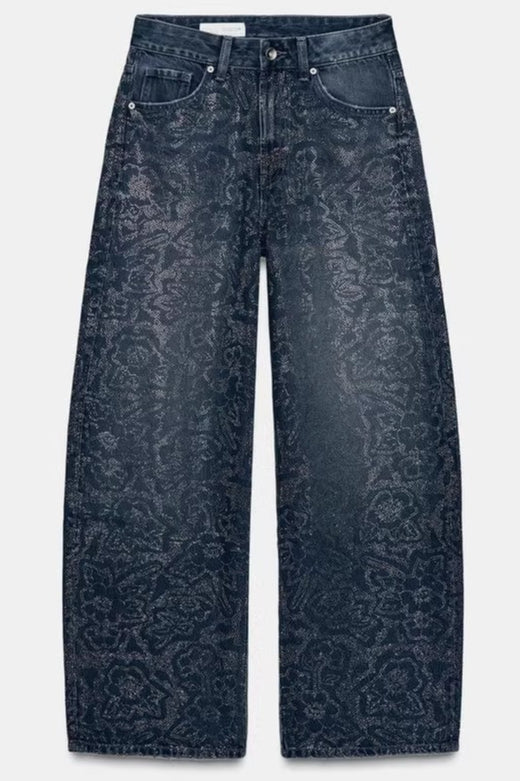 Low Rise Wide Leg Rhinestone Embellished Jeans