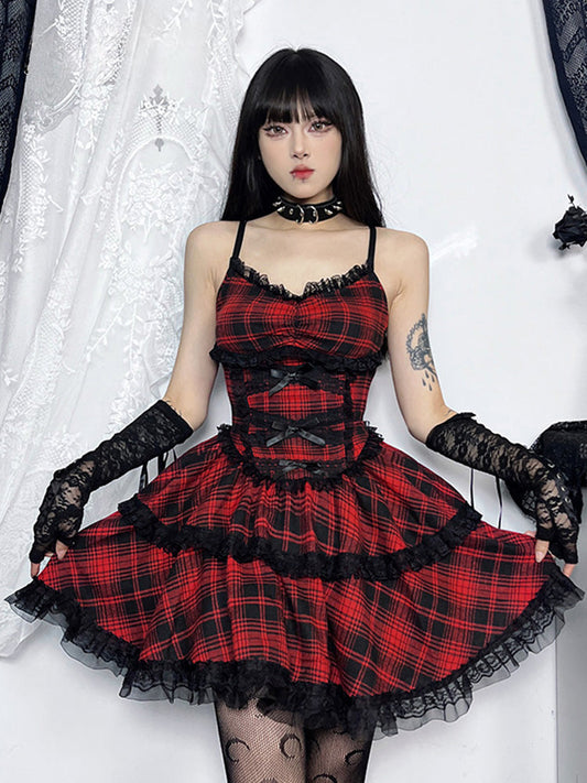 Plaid Lace Mall Party A-Line Backless Goth Emo Black Dress Punk Grunge Up Mini Dress