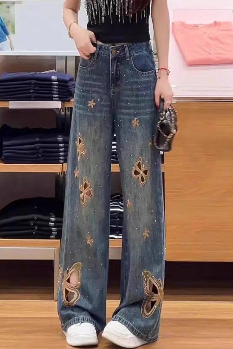 Heavy Embroidery Rhinestone Cutout High Waist Jeans Secondary image