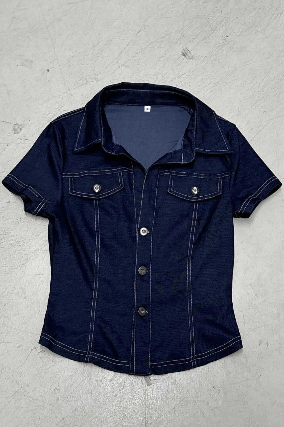 Denim Contrast Stitch Pocket Blouse