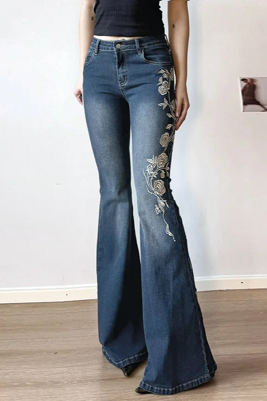 Vintage Plant Embroidered Bootcut Jeans Blue / S Main image