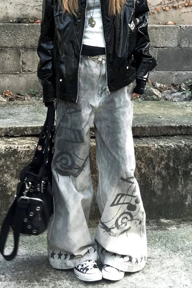 Music Note Print Vintage Jeans Grey / S Main image