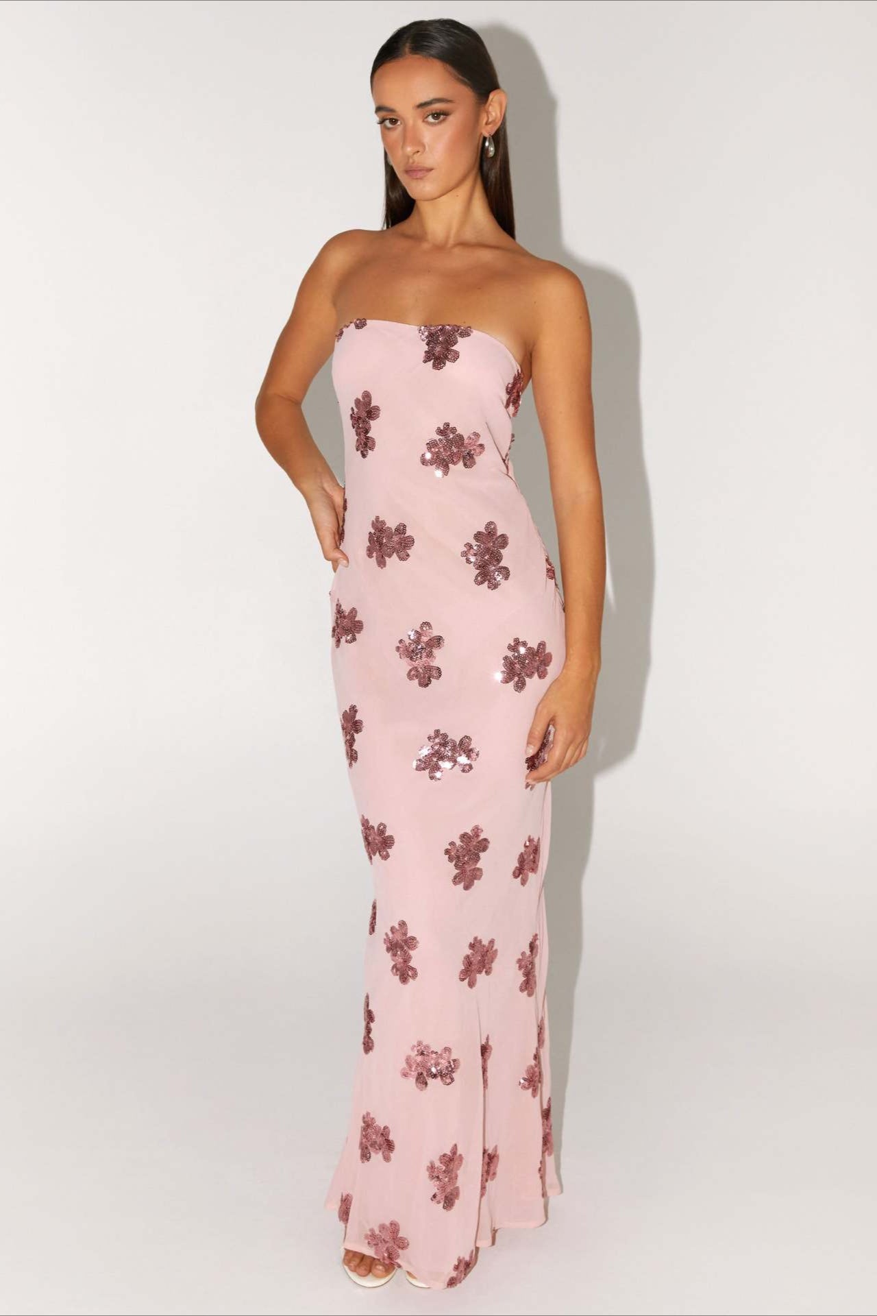 Strapless Sequin Embroidery Backless Floral Dress