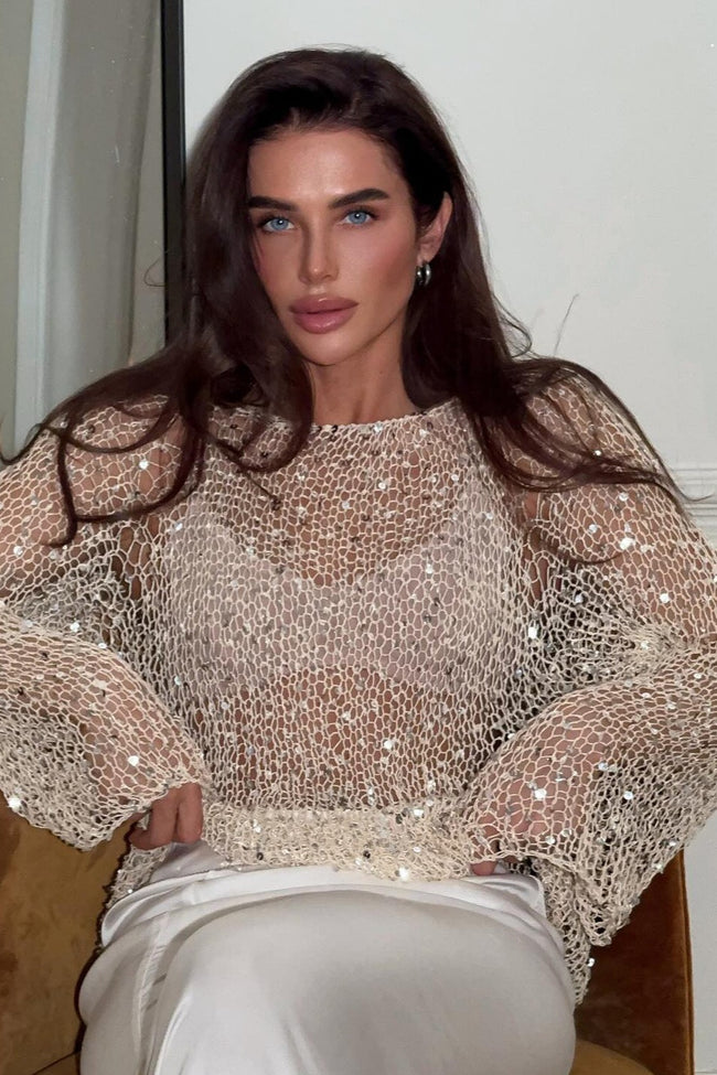 Sequin Trim Long Sleeve Knit Mesh Top Main image