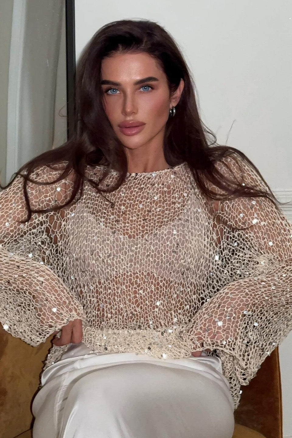 Sequin Trim Long Sleeve Knit Mesh Top Main image