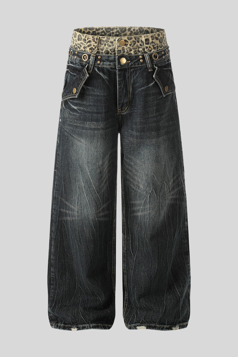 Leopard Double Waist Wide Leg Jeans