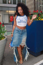 High Rise Distressed Frayed Hem Slit Denim Skirt