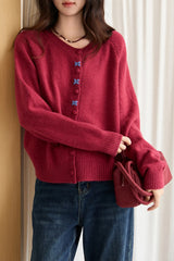 Round Neck Embroidered Buckle Christmas Cardigan
