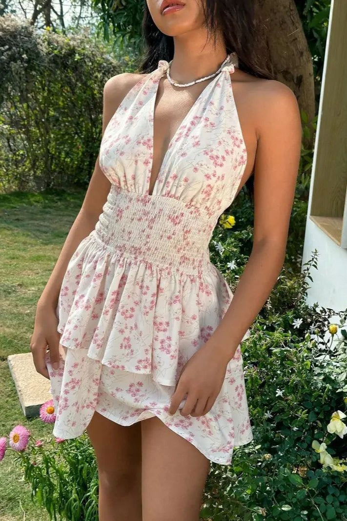 Double Layer Ruffle Strap Backless Mini Floral Dress Main image