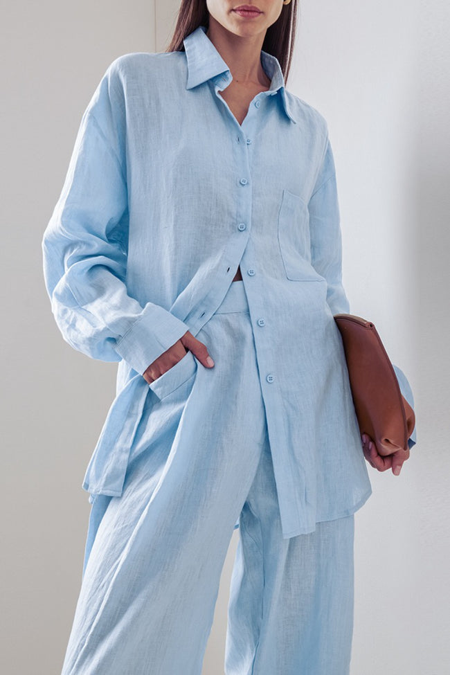 Relaxed Linen Blend Blouse Wide Leg Two Piece Pants Set Main image
