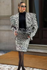 V Neck Zebra Print Two Piece Blazer Skirt Set