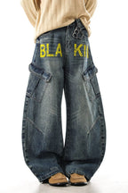 Yellow Typography Cargo Wide Leg Jeans