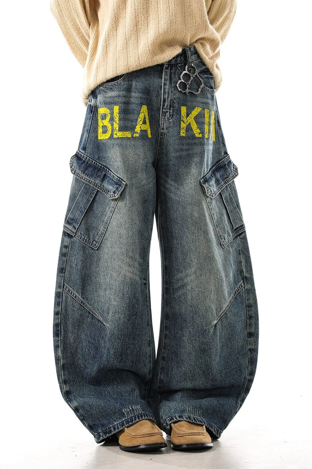 Yellow Typography Cargo Wide Leg Jeans