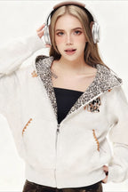 Cat Ear Leopard Lined Zip Up Hoodie