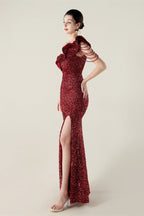 Draped One Shoulder Ruffle Formal Dress
