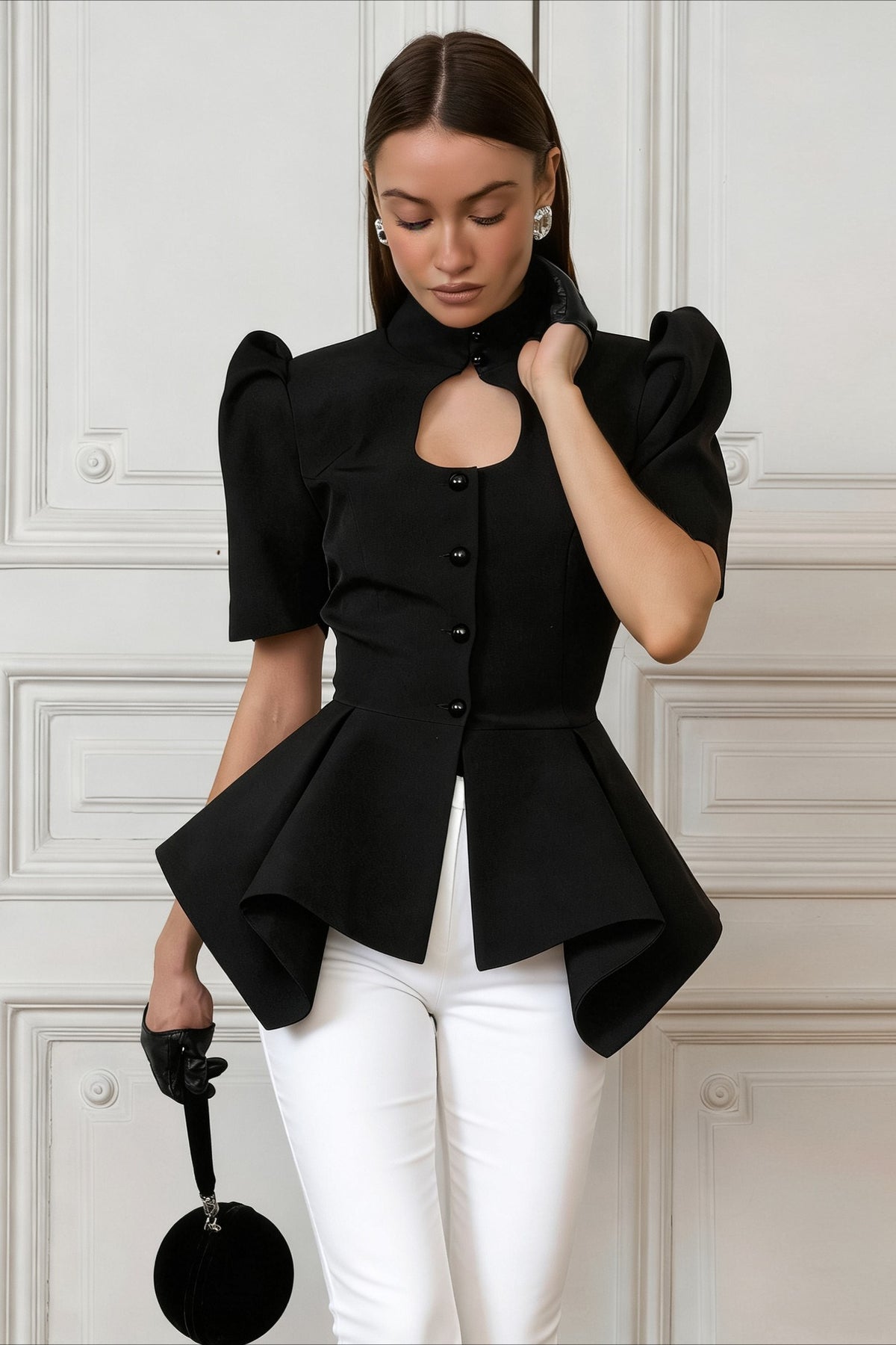 Keyhole Puff Sleeve Asymmetric Peplum Blouse