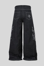 White Thorn Embroidered Wide Leg Jeans