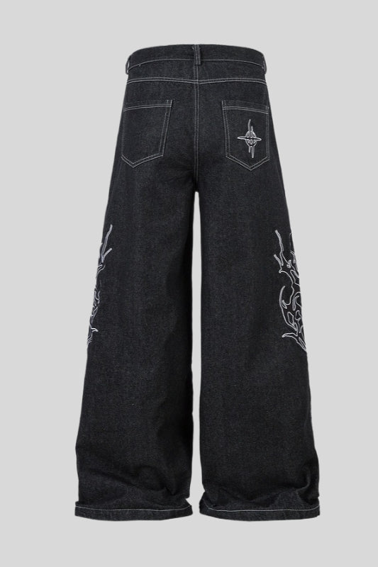 White Thorn Embroidered Wide Leg Jeans