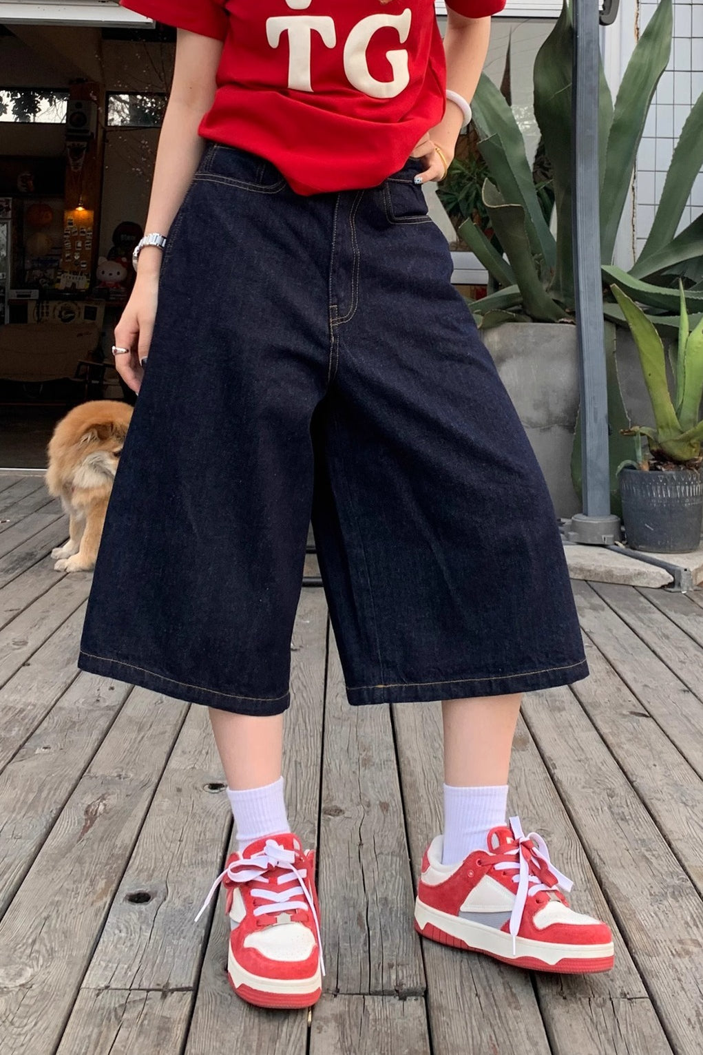 Color Letter Print Loose Fit Denim Shorts