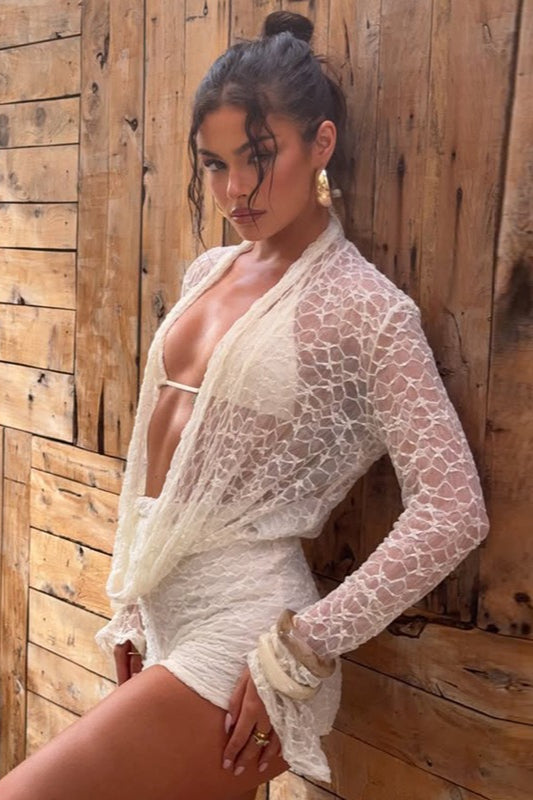 Plunge Neck Cutout Lace Sleeve Bodysuit Shorts Set Secondary image