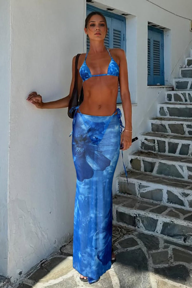 Blue Tie Dye Print Beach Three Piece Swim Set Main image