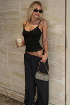 Solid Color Versatile Lace Trim Fitted Cami Top