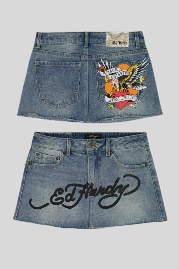 Painted Graphic High Rise Denim Mini Skirt