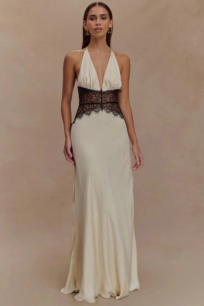 Lace Patchwork Backless Halter Boho Dress White / S Main image