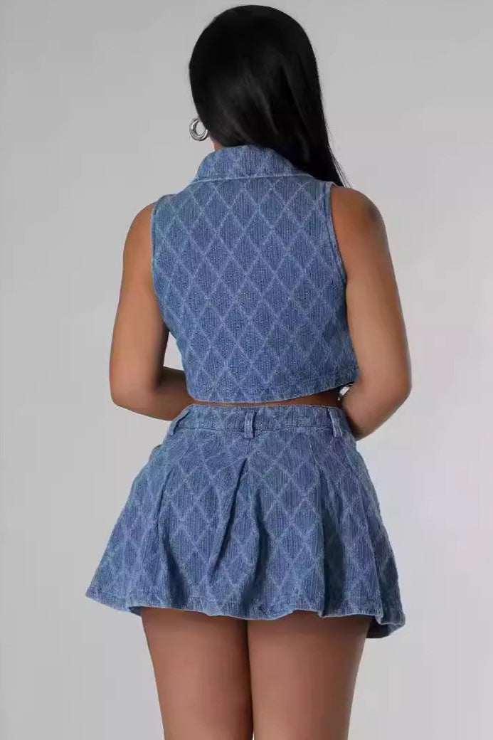 Washed Plaid Denim Crop Top Skirt Set Secondary image