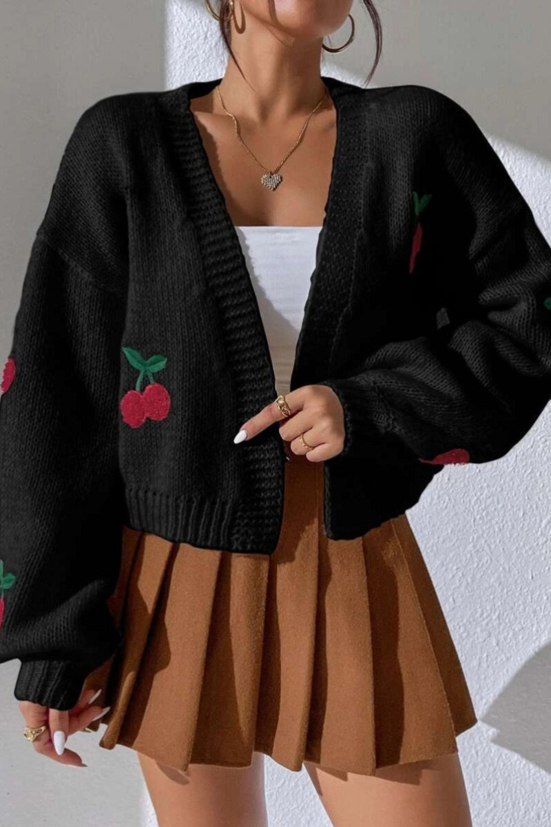 Embroidered Knit Open Front Sweater Black / S