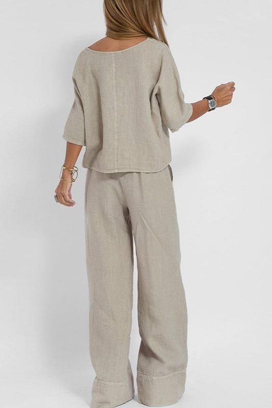 Plus Size Casual Solid Color Linen Pants Set